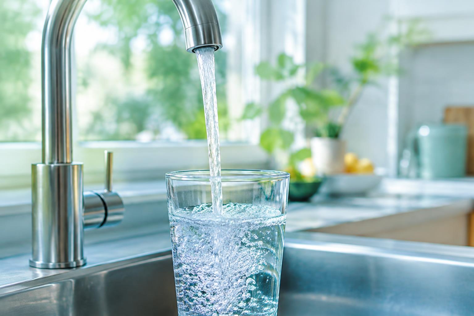 A kitchen faucet pouring clear water into a drinking glass